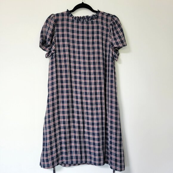 LOFT Plaid Ruffle Tie-Waist Dress Navy Red Plaid with Pockets Americana - Picture 2 of 12